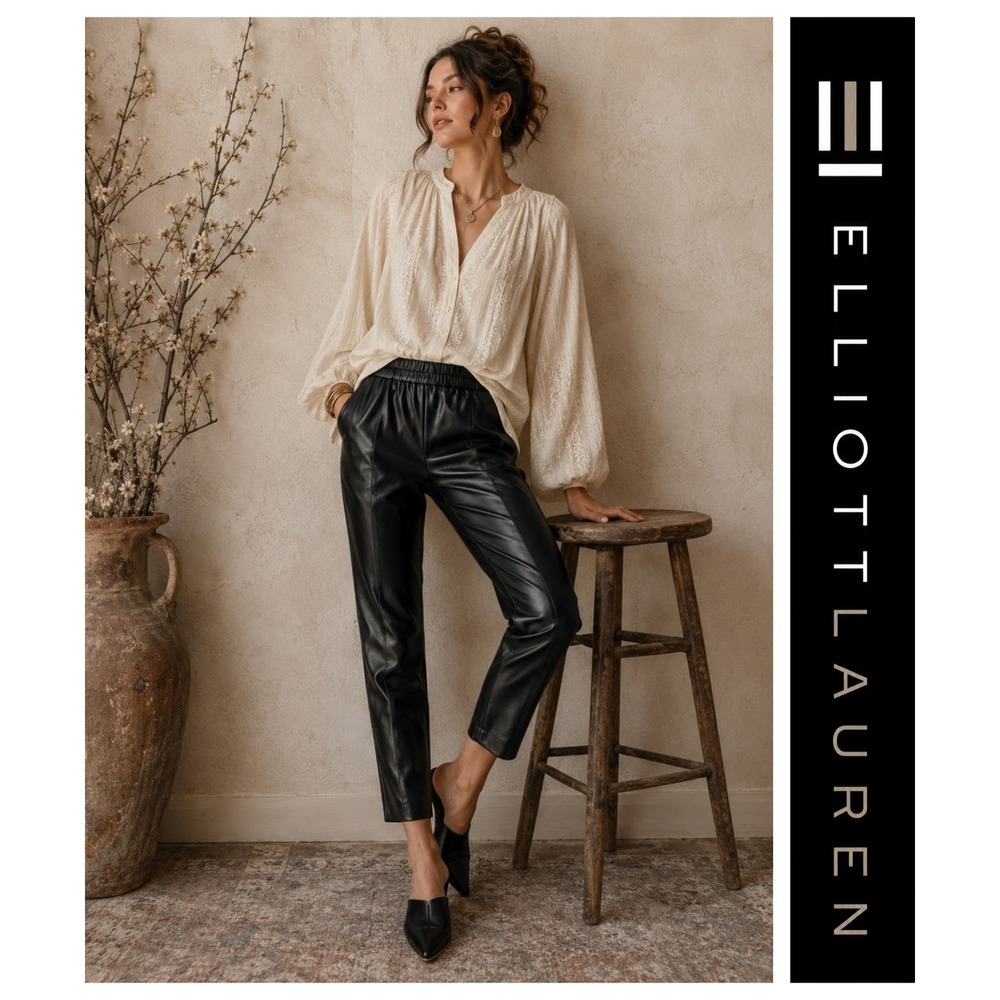 Elliott Lauren Black Faux Straight Leg Vegan Leather Pants Quiet Luxury 4 NWT
